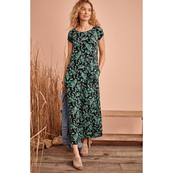 J. Jill Pleated V-Back Maxi Dress In Navy Blue Tapestry Paisley Size Medium NEW - Picture 1 of 9